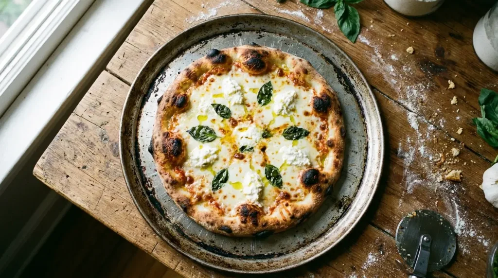 Round pizza pan holding a fresh pie, a common 12 inches sized dish
