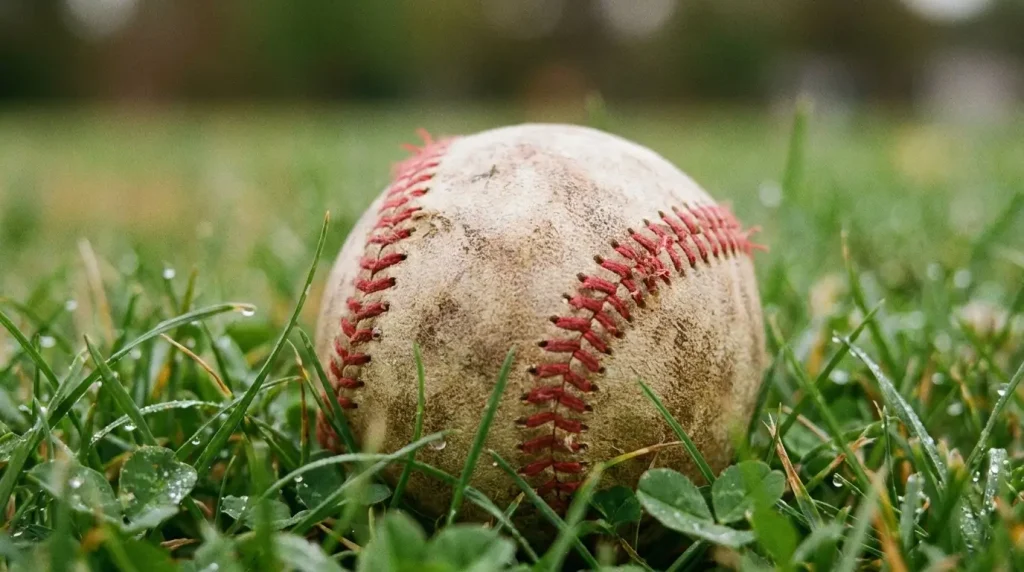 Baseball resting on green grass with a blurred background