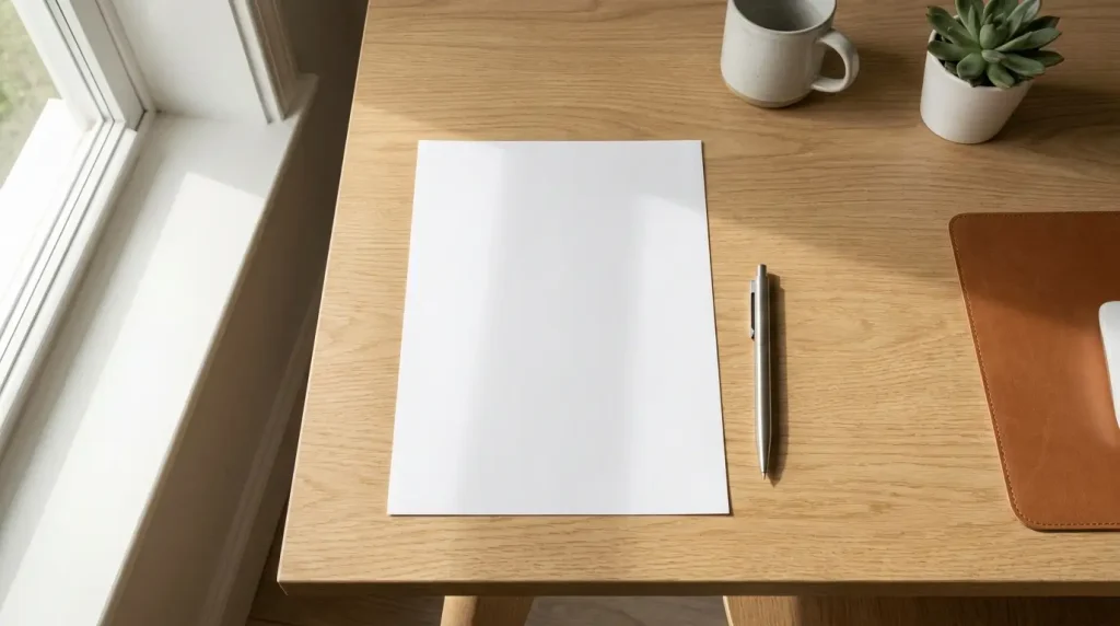 Blank sheet of paper on desk, a page length just under a foot long