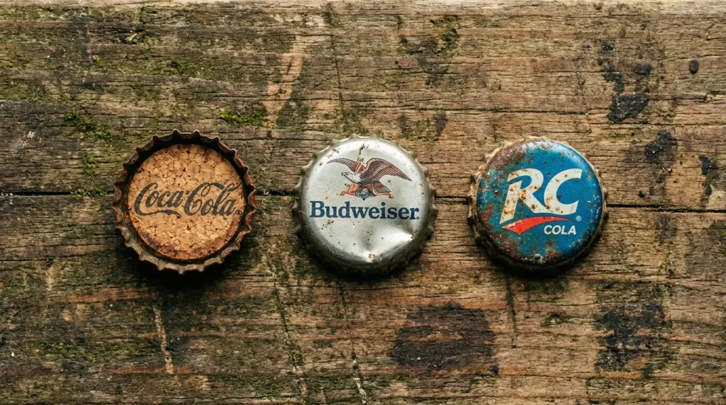Three metal bottle caps lined up on a rustic wooden surface