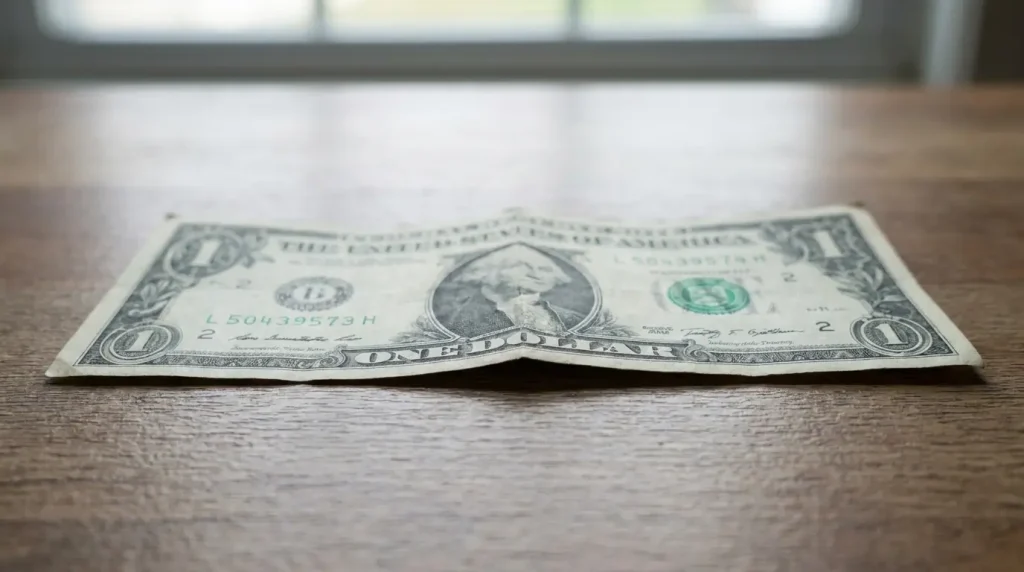 US dollar bill folded in half on a wooden table