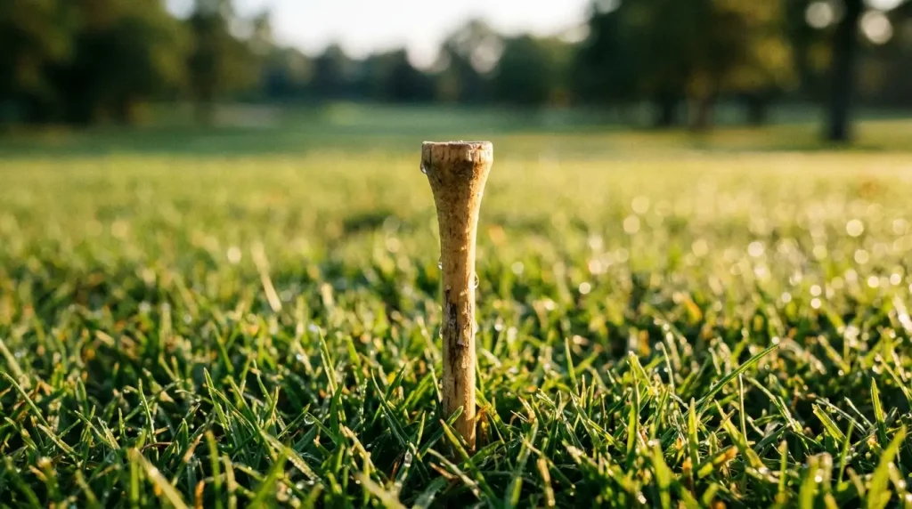 Wooden golf tee standing upright in grass on a sunny golf course
