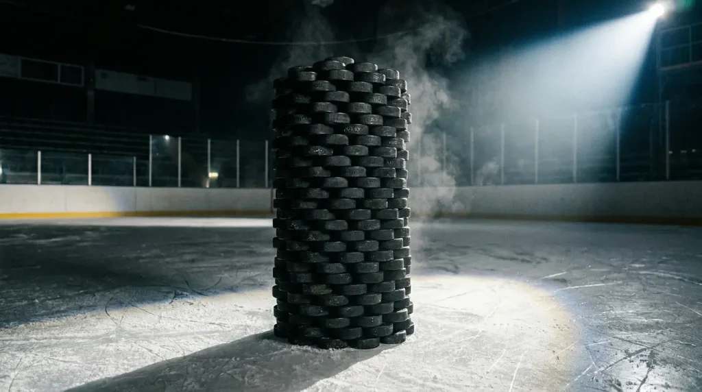 Stack of hockey pucks rising to a foot tall column on an ice rink