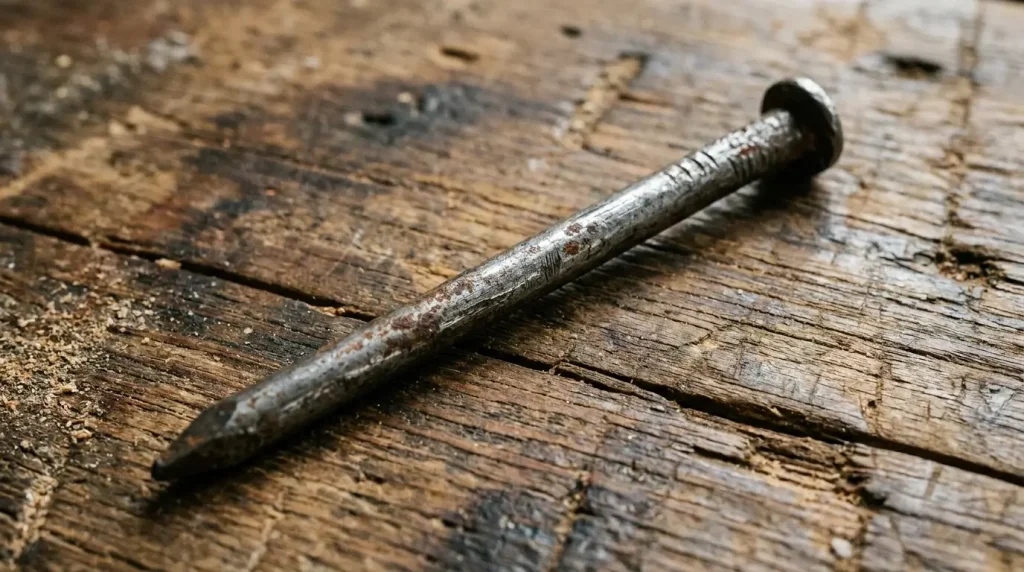 Steel nail resting diagonally on a rustic wooden workbench