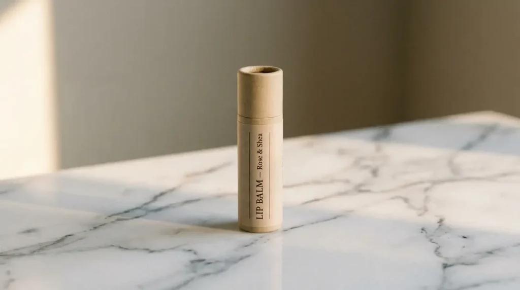 Lip balm tube standing upright on a marble countertop