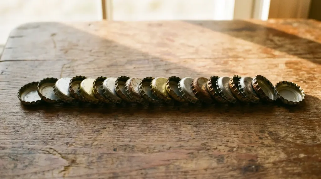 Bottle caps arranged in a row showing a simple household length comparison
