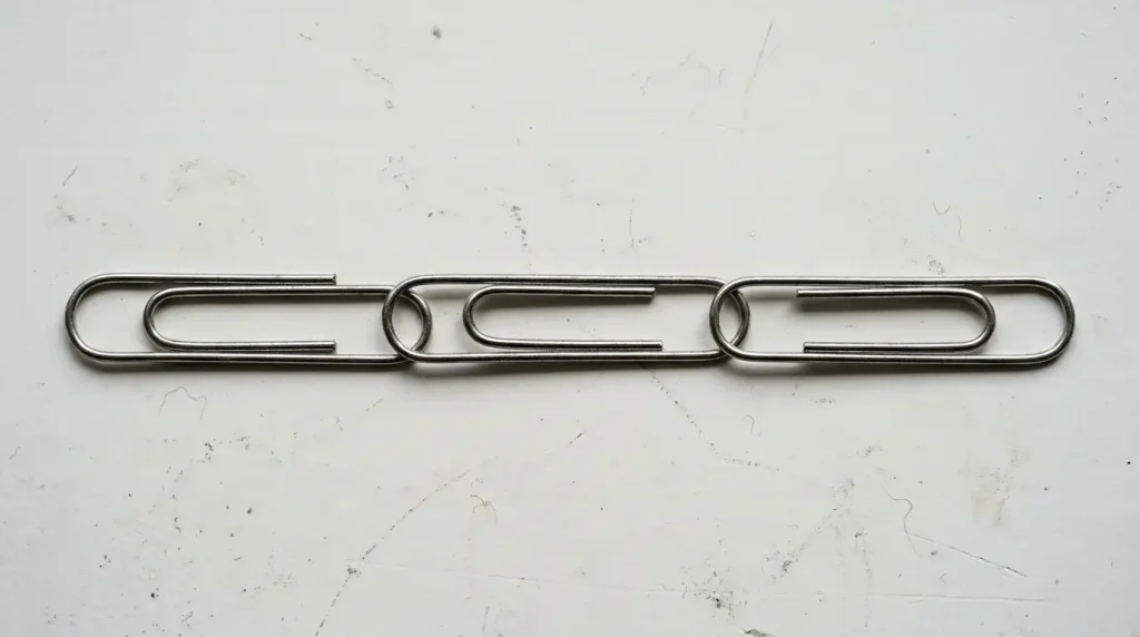 Three paper clips lined up end to end demonstrating a 3-inch length estimate