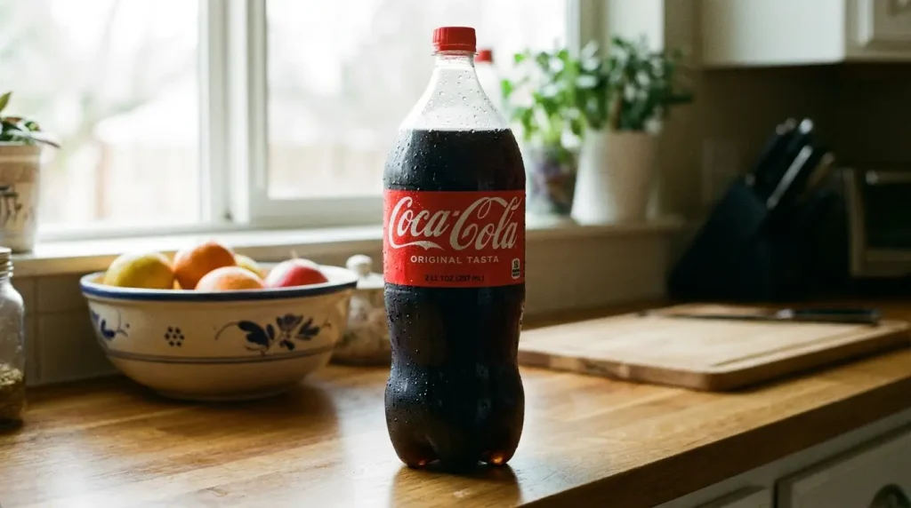 Plastic soda bottle standing on counter