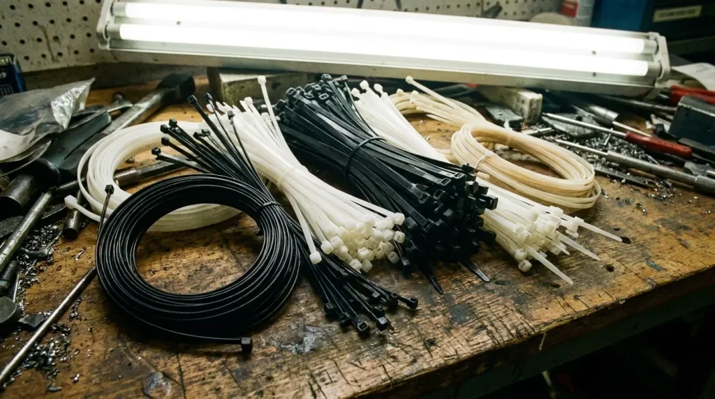 Plastic zip ties coiled on workbench