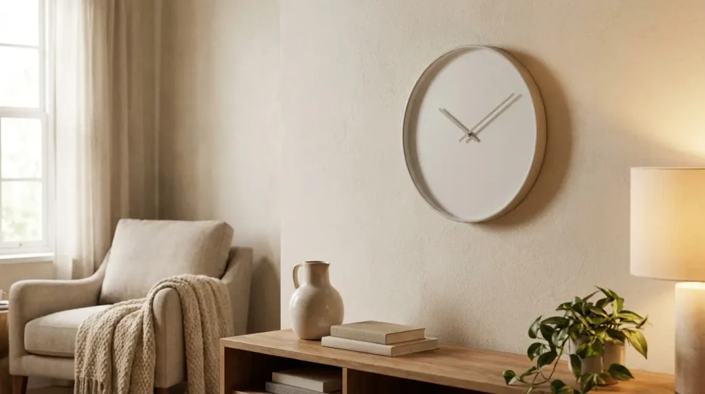Round wall clock hanging indoors, a common 12 inches diameter size