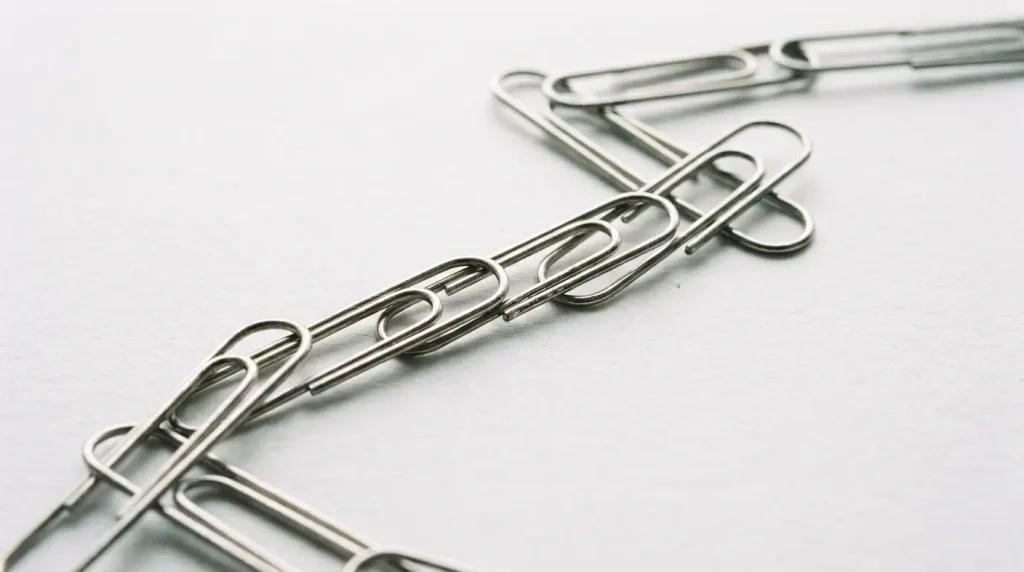 Row of paper clips lined up end to end forming a foot long row