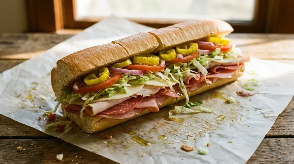 Footlong sub sandwich sliced open showing a one foot long portion size