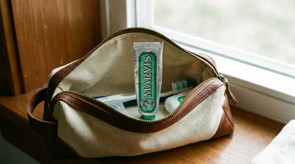 Small travel-size toothpaste tube inside an open toiletry bag