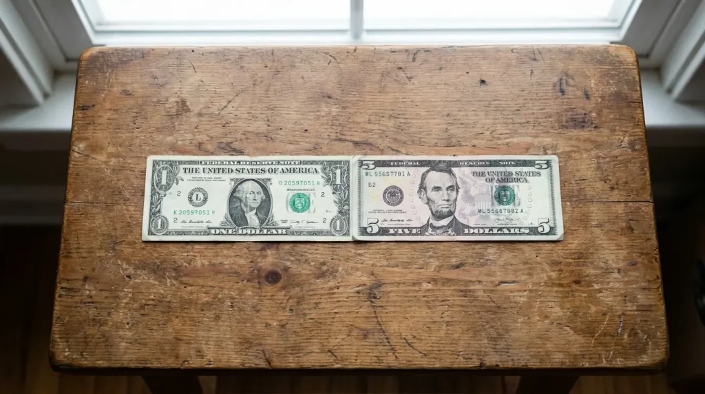 Two dollar bills placed end to end forming a length close to one foot