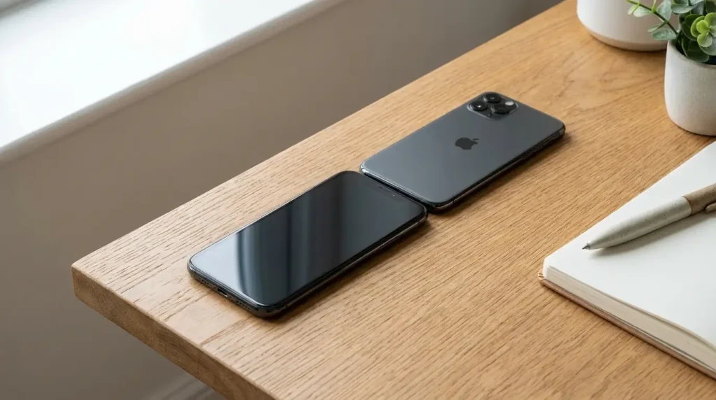 Two smartphones placed end to end