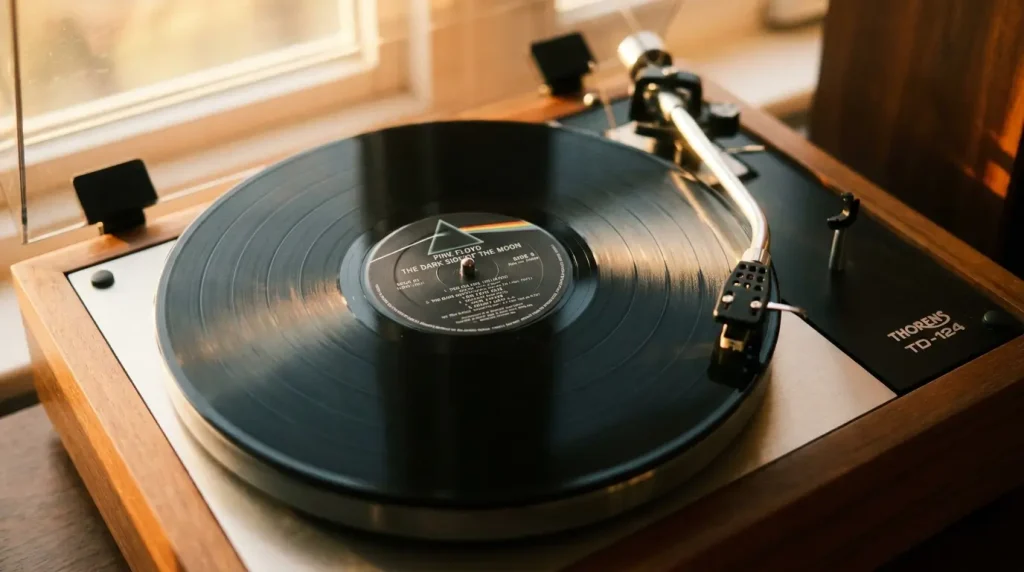 Black vinyl LP record on turntable, a classic 12 inches diameter design
