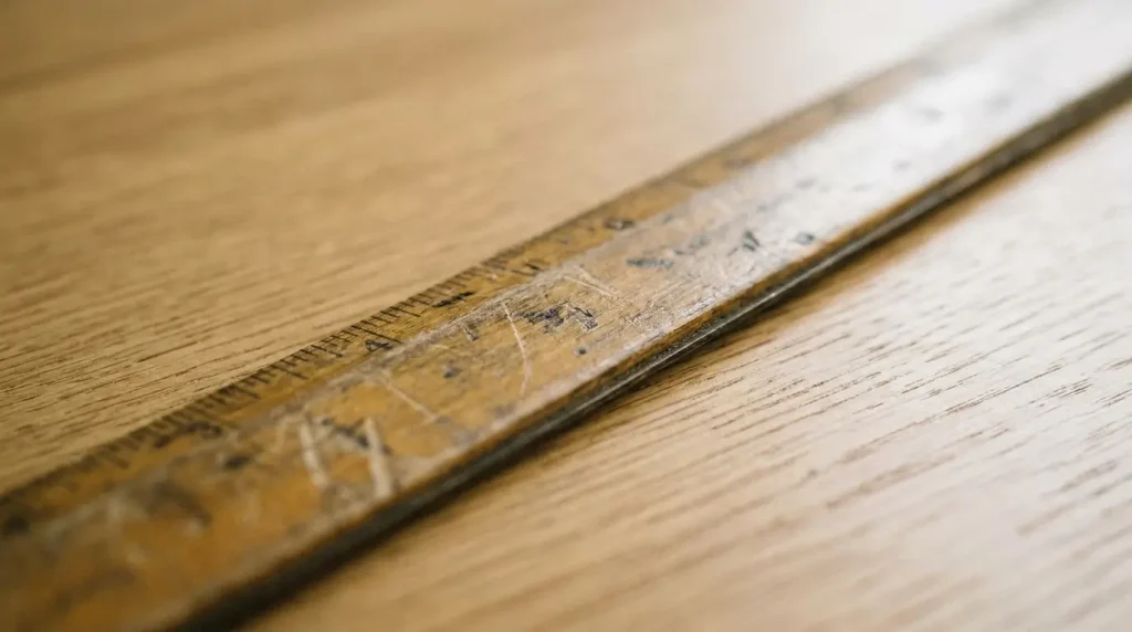 Wooden ruler used to visualize 11 inches length compared to a full foot marker