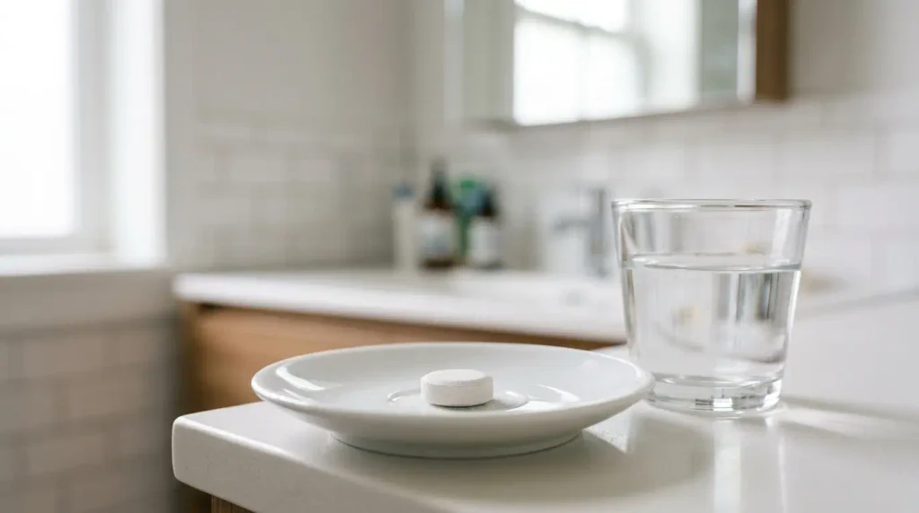 Plain white aspirin tablet resting on a ceramic dish beside a glass of water