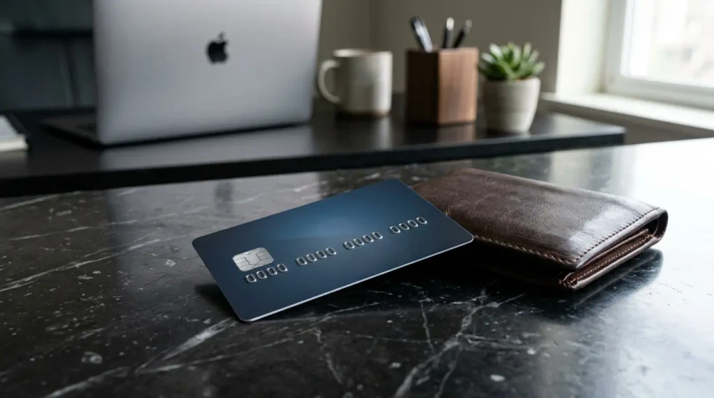 Generic bank card resting beside a leather wallet on a dark marble desk