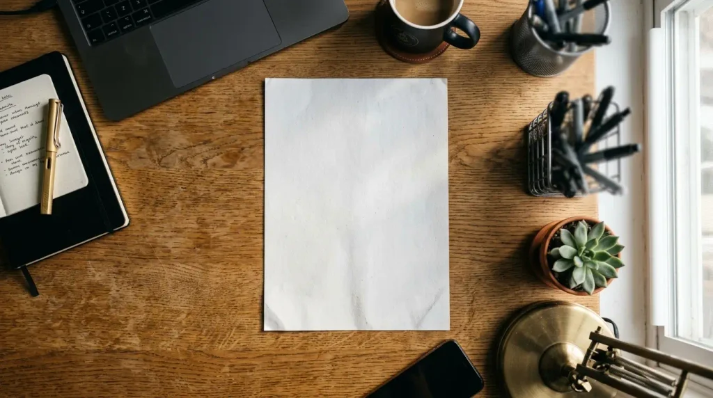 Blank white office paper placed on a wooden desk in a professional workspace