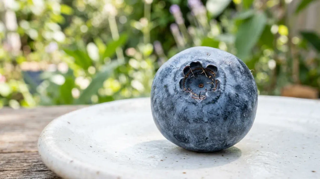 Large fresh blueberry resting on a white ceramic plate in an outdoor setting