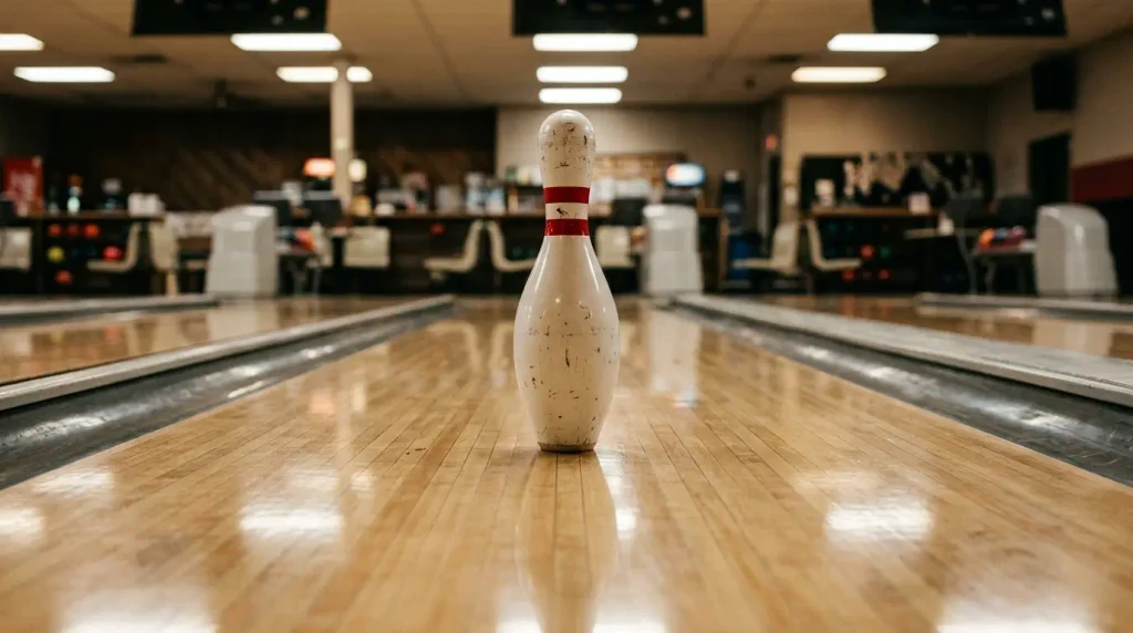 White bowling pin standing upright on a polished bowling lane