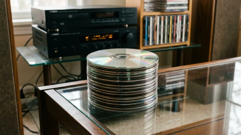 Stack of compact discs displayed on a glass shelf in a retro entertainment area