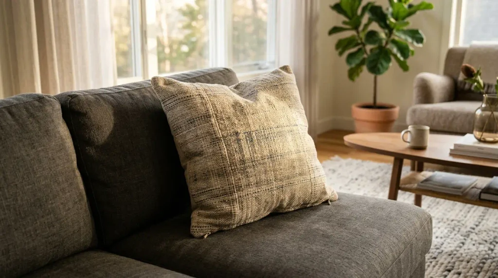 Square decorative throw pillow resting against a beige sofa in a modern living room