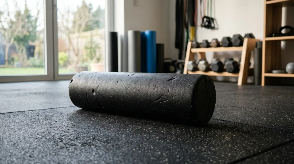 Compact cylindrical foam roller lying on the floor of a modern fitness studio