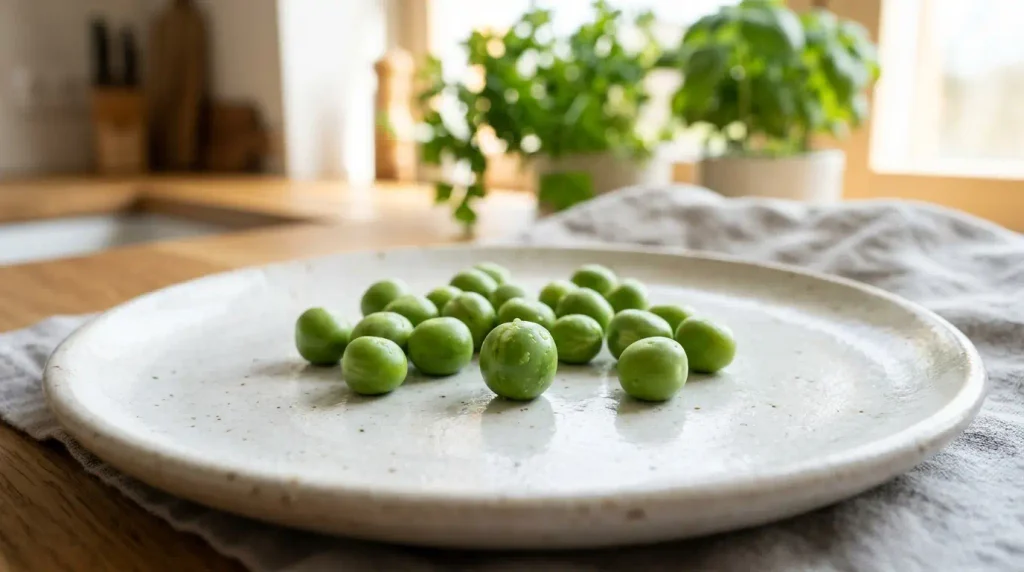 Fresh green peas arranged naturally on a white ceramic plate in a bright kitchen