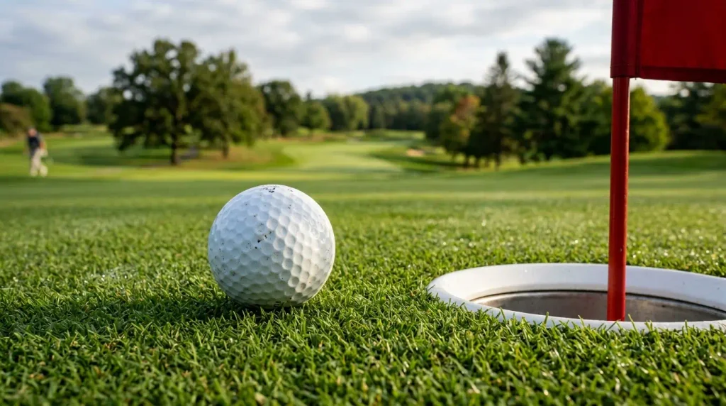 White golf ball resting on short green grass beside a golf hole