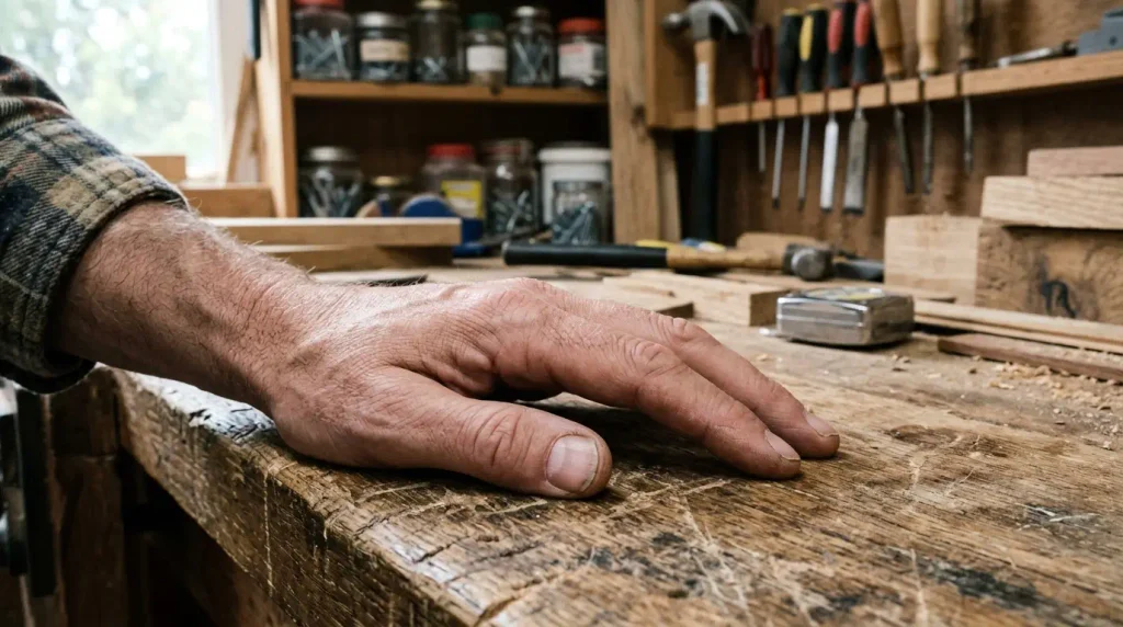 Adult male hand resting naturally on a wooden workbench in a home workshop