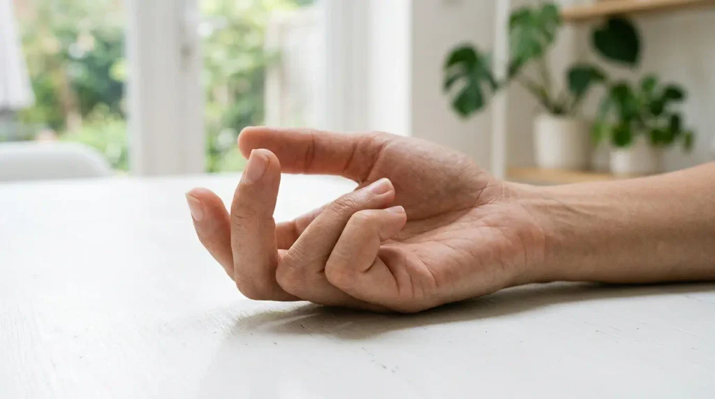 Adult hand resting naturally on a white surface showing the middle finger