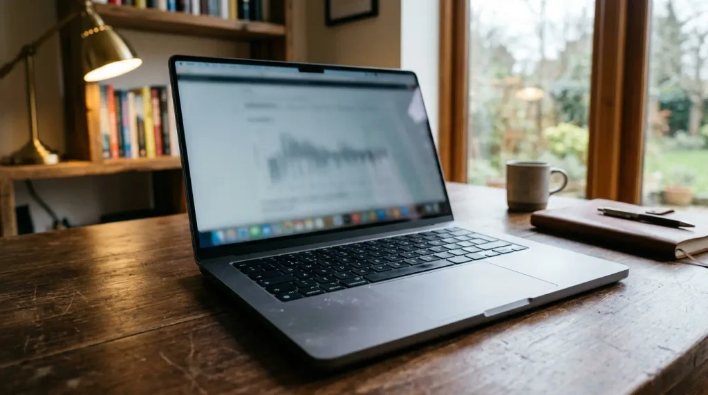 Modern laptop with a full size keyboard on a wooden home office desk