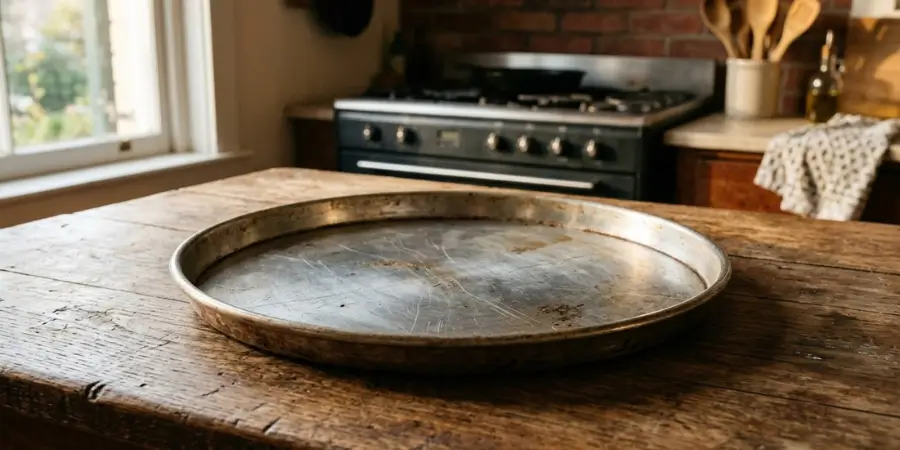 Large round metal pizza pan resting on a rustic wooden kitchen table