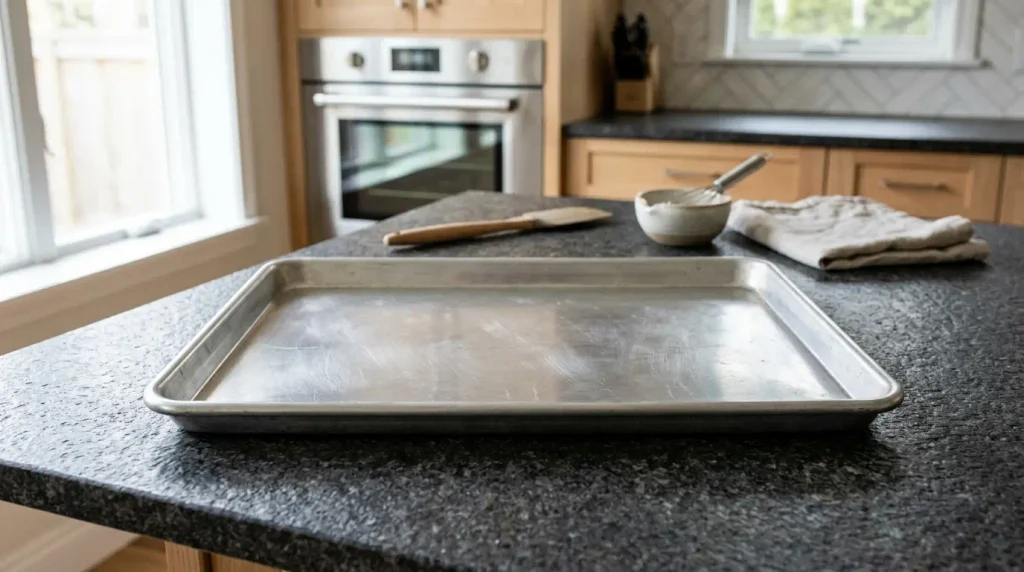 Empty rectangular metal baking tray resting on a dark kitchen countertop