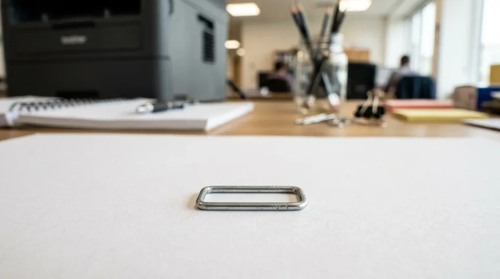 Single metal office staple resting on a blank sheet of white paper