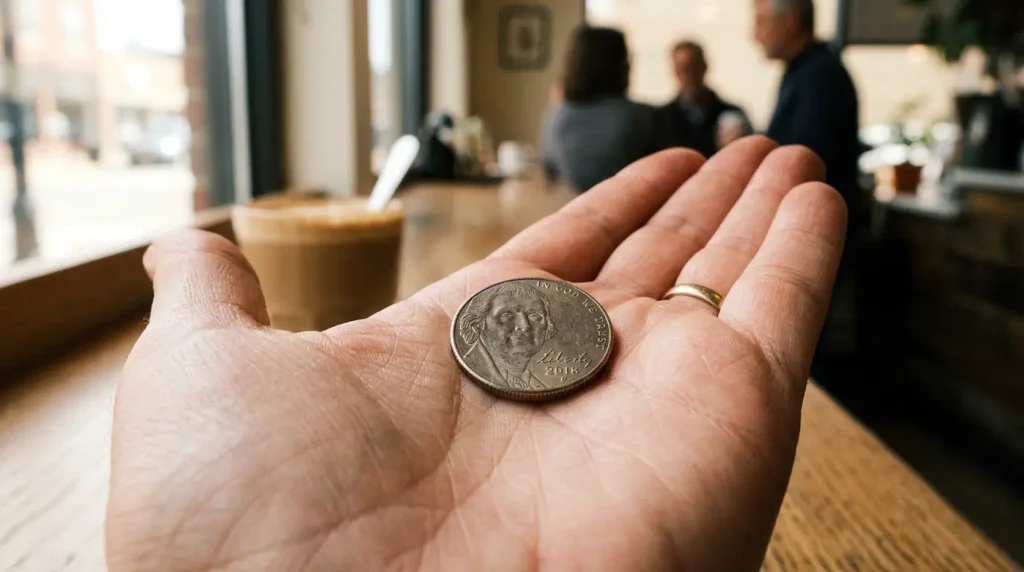 US nickel resting in a person's open hand inside a casual coffee shop