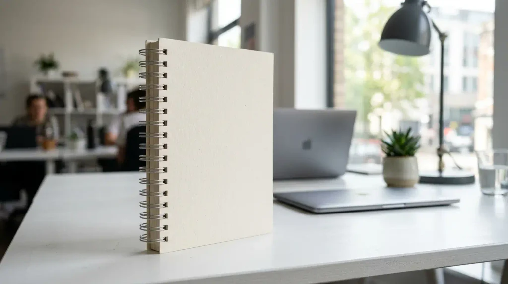 Thick spiral bound notepad standing upright on a modern office desk