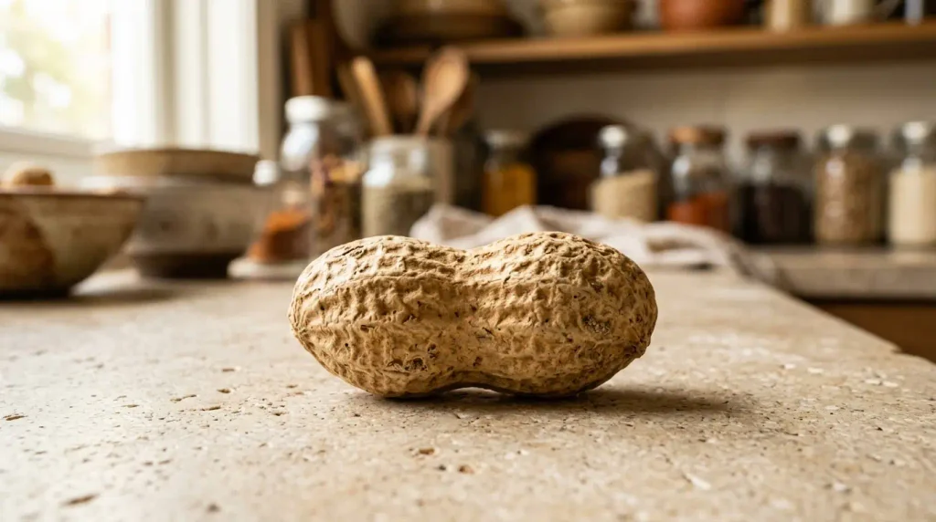 Unshelled peanut resting on a light stone kitchen countertop