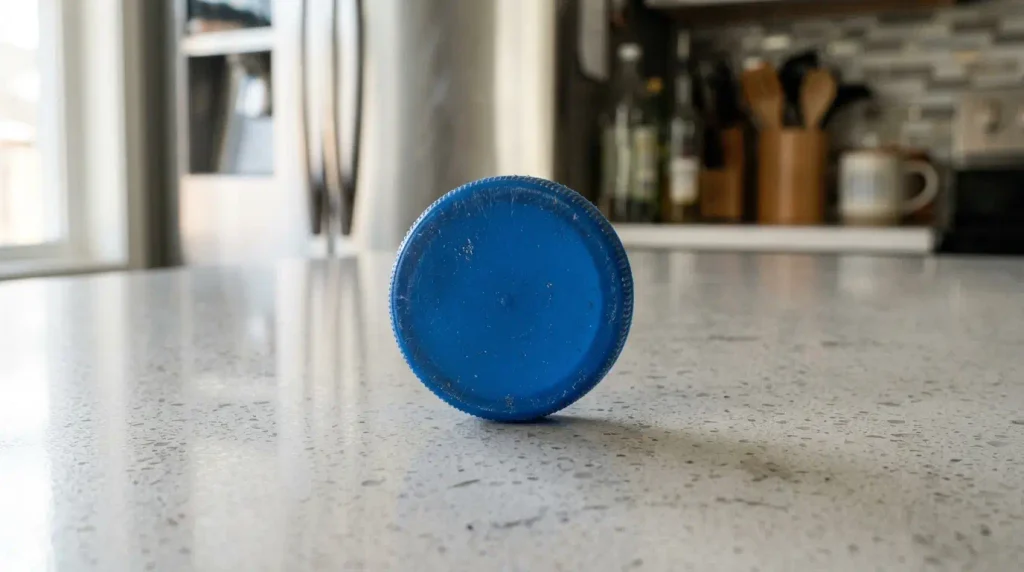 Plastic soda bottle cap resting on a bright kitchen countertop