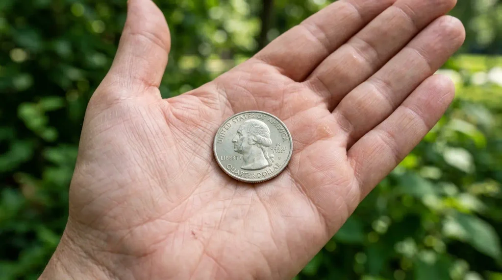 US quarter resting in the open palm of an adult hand outdoors