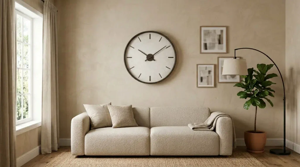 medium round wall clock mounted on a textured wall in a modern living room