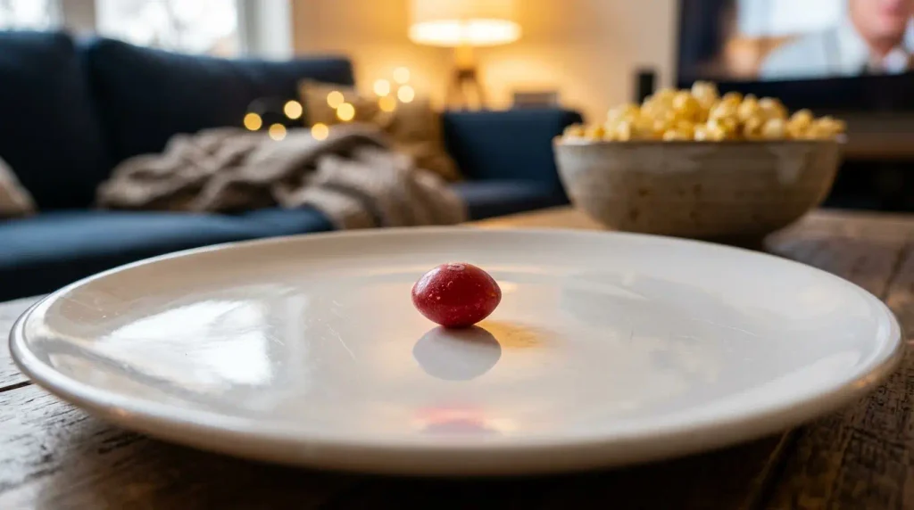 Single colorful Skittle resting on a glossy white ceramic plate