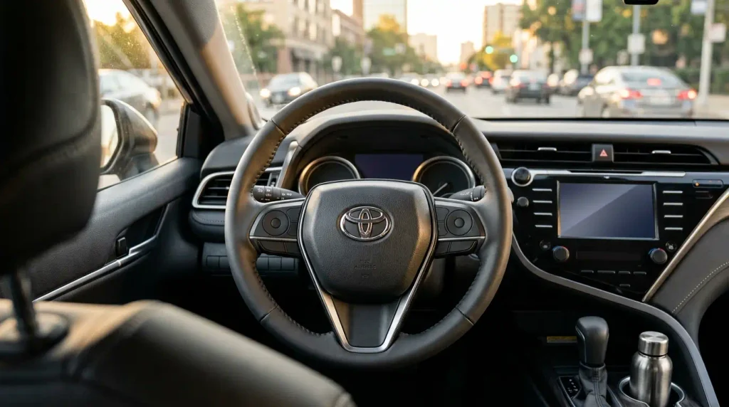 Leather steering wheel inside a modern sedan with a softly blurred city road outside