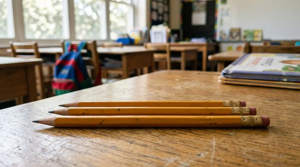 Three yellow wooden pencils arranged side by side on a classroom desk