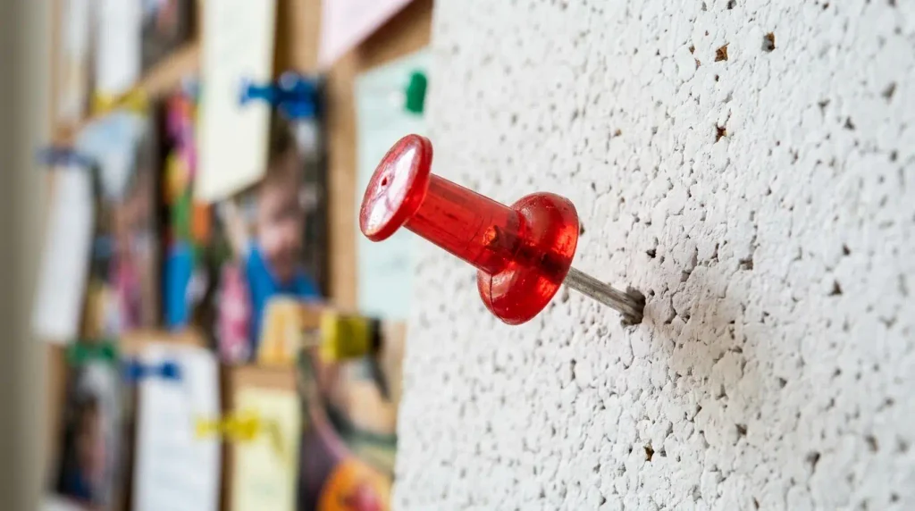 Colorful thumbtack pressed into a white cork bulletin board