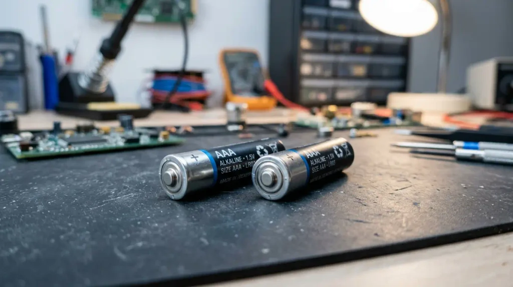 Two AAA batteries placed side by side on an electronics workbench