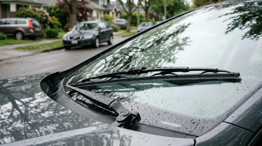 Windshield wiper attached to the front glass of a compact hatchback after light rain
