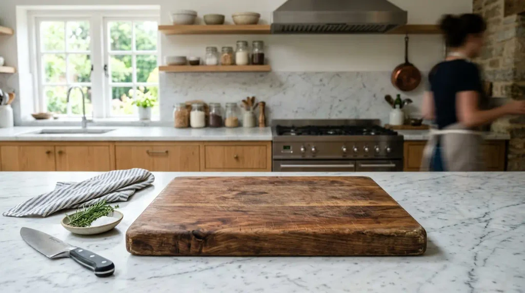 Large wooden cutting board resting on a marble kitchen countertop